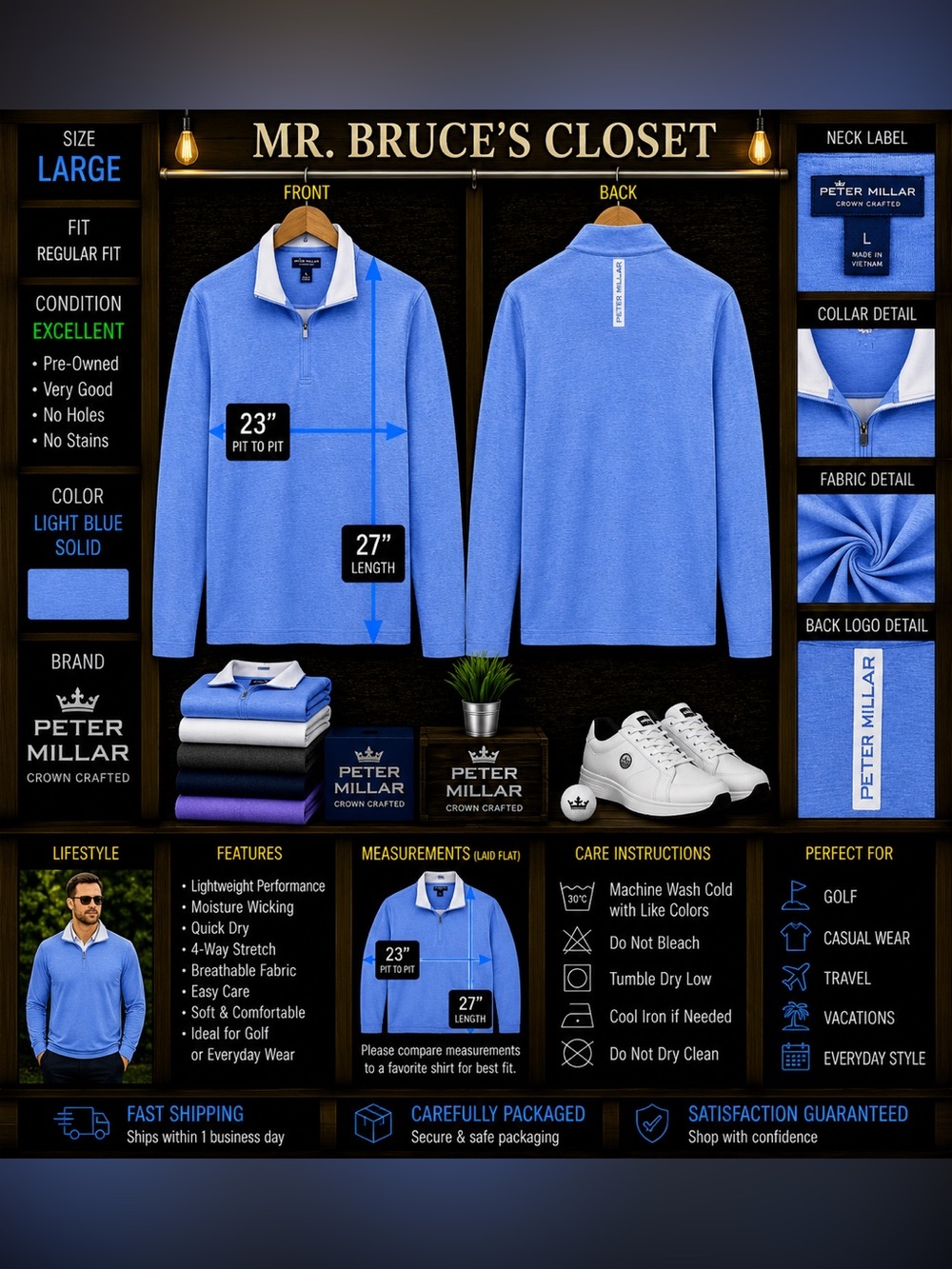 Peter Millar Light Blue Polo with White Collar Accent